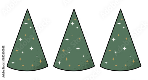 Flat Vector Cone-Shaped Winter Tree with Sparkles and Bold Black Outline