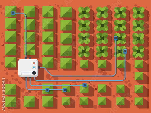 stylized illustration depicts a modern farm with automated irrigation A central control unit monitors crop security via a network of sensors Clean vibrant colors and a clear layout