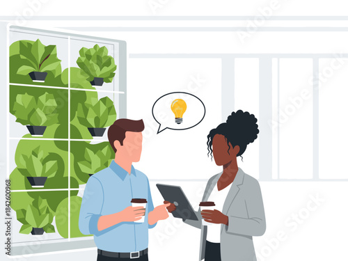 Two professionals discuss ideas near a vertical hydroponic garden. They?re collaborating, using tablets, and surrounded by greenery. Modern office setting, bright and inspiring.