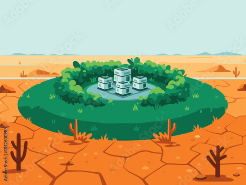 vibrant green zone oasis amidst a desert landscape features futuristic structures and lush vegetation  Ideal for sustainability technology and environmental concepts