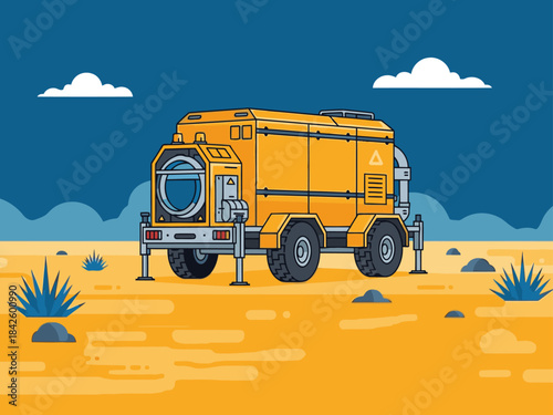 vibrant illustrated portable relief unit delivers rapid relief  Bold yellow and orange design on a desert backdrop  -Rapid Relief- text overlay  Ideal for disaster relief or humanitarian aid visuals