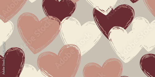 Seamless pattern of artistic brushstroke hearts in warm pastel tones, perfect for romantic backgrounds and decorative design projects