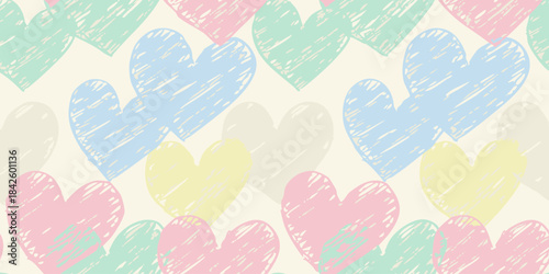 A charming seamless pattern featuring pastel-colored, hand-drawn hearts with a crayon-like texture, perfect for sweet and romantic designs, evoking feelings of love and affection and playful innocence