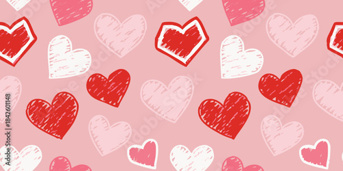 Seamless pattern with hand-drawn hearts in various shades of red and pink on a pastel background, perfect for romantic celebrations, Valentine's Day designs, or decorative elements