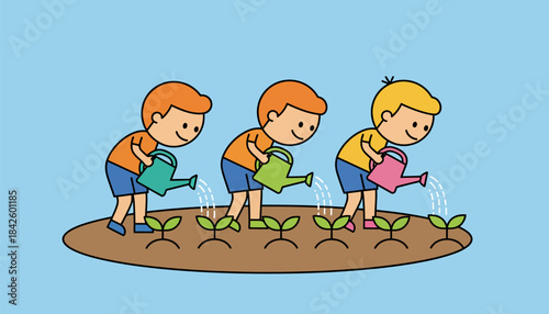 Children laughing as they water newly planted trees with colorful watering cans excited to nurture the seedlings.