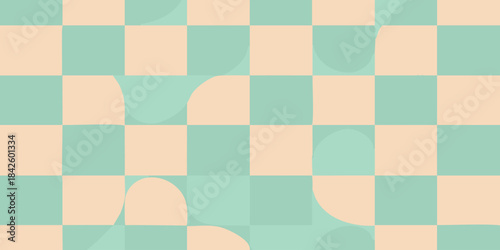 Abstract Geometric Pattern with Pastel Squares and Curved Shapes in Teal and Peach Tones