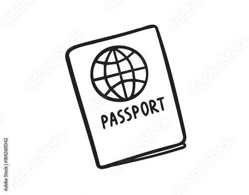 Linear doodle hand drawn passport on white background. Outline drawing international passport control, travel concept
