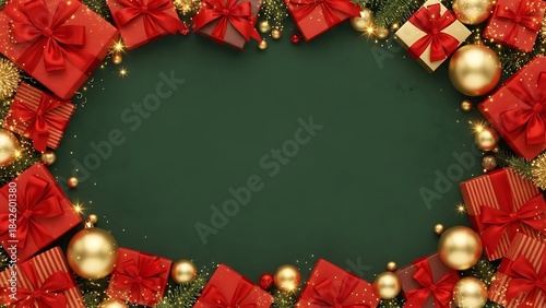 Christmas frame of red gifts and golden ornaments on green
