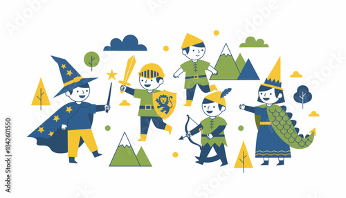 A group of children playing dressup adorned in costumes pretending to be different characters in a fantastical world.