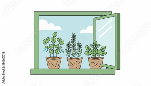 An open window with potted herbs thriving in biodegradable pots illustrating the shift towards sustainable home gardening practices without plastic products.