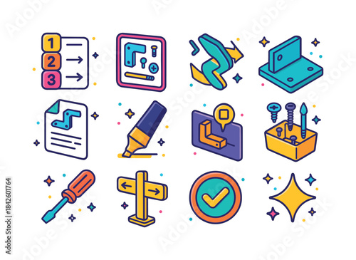 Isometric Assembly Icons. step-by-step guide. Colorful isometric
