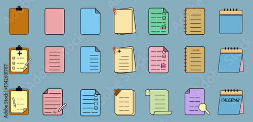 Colorful document and notepad icons, Pastel paper and clipboard icon set, Office notes and sheets vector pack, notepad and checklist icons, Cute paper and file icons collection  for education, office 