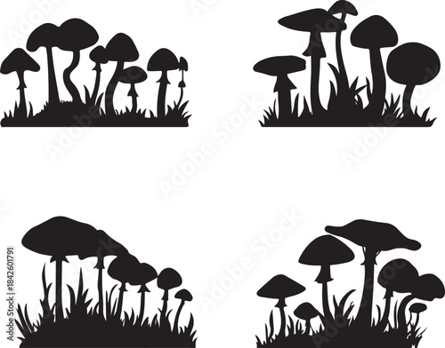 Wild Forest Mushroom Silhouettes Collection
Black Silhouette Mushrooms in Grass Design Set
Nature-Inspired Mushroom Outline Illustrations