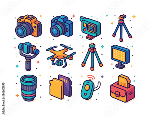 Photography Gear Icons. Photography gadgets. Colorful isometric