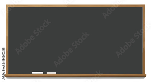Realistic empty black chalkboard with a wooden frame and two pieces of white chalk on the ledge, ready for teaching or drawing.