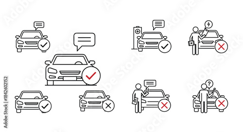 Set of line art icons depicting car diagnostics, including approved, rejected, and electric vehicle charging status with people.
