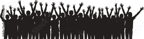 "Crowd silhouette, raised arms, cheering people, unity, celebration, black figures, group excitement, expressive pose, collective joy, event gathering, support"
