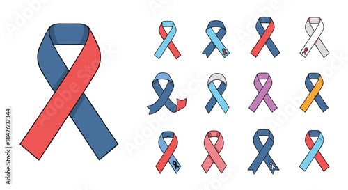 Collection of various awareness ribbons in different colors, symbolizing support for causes like cancer research and health campaigns.