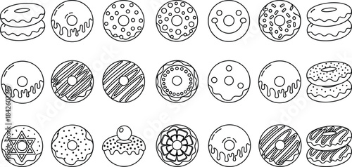 Donut outline illustration set, black and white, cute dessert icons, vector sweets, decorative pastry, cartoon bakery, coloring page, design