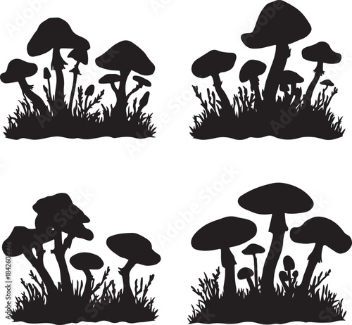 Wild Forest Mushroom Silhouettes Collection
Black Silhouette Mushrooms in Grass Design Set
Nature-Inspired Mushroom Outline Illustrations