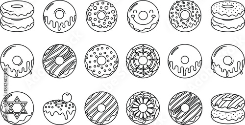 Donut icon set, black and white outline, cute dessert illustrations, vector sweets, bakery clipart, cartoon snack design elements