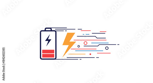 Fast charging battery icon with a lightning bolt and dynamic speed lines, representing quick power and energy technology.