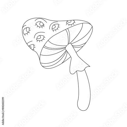 Groovy line psychedelic mushroom, cute toadstool with eyes from psilocybin hallucination vector illustration
