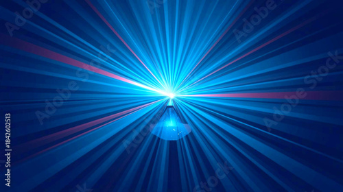 Vibrant blue light rays emanating from a central point in a dark background with a glowing orb