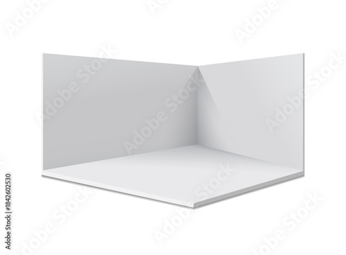 3d stand booth mockup in realistic style. Empty wall room vector illustration on isolated background. Exhibit showroom sign business concept.