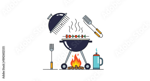 Barbecue grill setup with kebab, tools, and a gas canister in a clean line art style, perfect for picnic or cookout themes.