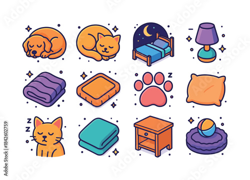 Nighttime Pet Icons. Nighttime pets. Colorful isometric vector i