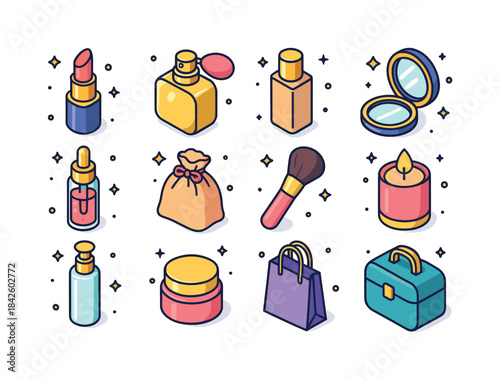 Luxury Cosmetics Icons. premium cosmetics. Colorful isometric ve