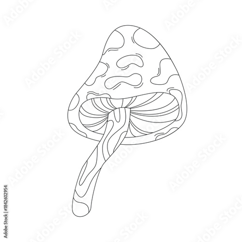 Groovy line psychedelic mushroom with trippy crazy spots on cap vector illustration