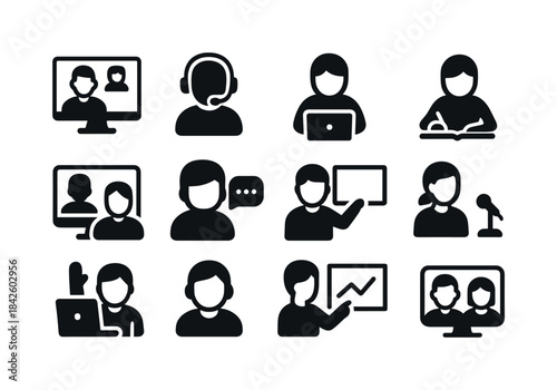Online Study Icons. Online study sessions. Solid icon set of onl