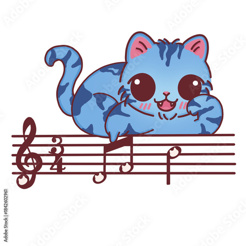 Cute blue tabby cat resting on a musical staff with cat head notes graphic