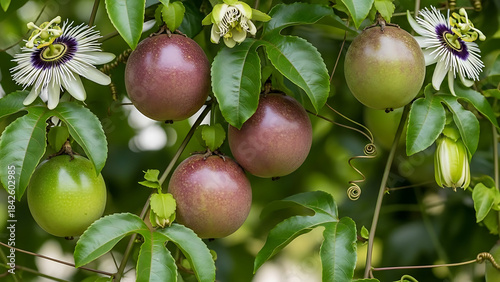 Close-up of ripe passion fruits hanging on a vine surrounded by lush green leaves and delicate white and purple flowers