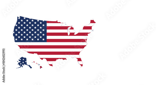 Map of the United States of America including Alaska, filled with the national flag pattern of stars and stripes on a white background.