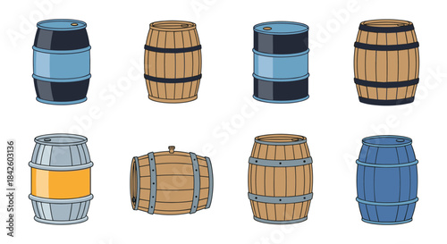 Set of eight cartoon barrels, including wooden casks and metal drums, for storing liquids like oil, wine, or beer.