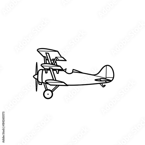 Vintage Biplane Aircraft Outline Drawing on White Background.