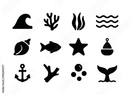 Ocean Icon Set. ocean elements. Solid icon set of ocean elements