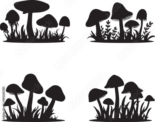 Wild Forest Mushroom Silhouettes Collection
Black Silhouette Mushrooms in Grass Design Set
Nature-Inspired Mushroom Outline Illustrations
