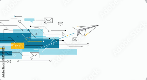 Paper airplane flying through a digital landscape of circuits and message icons, symbolizing fast communication and e-mail.
