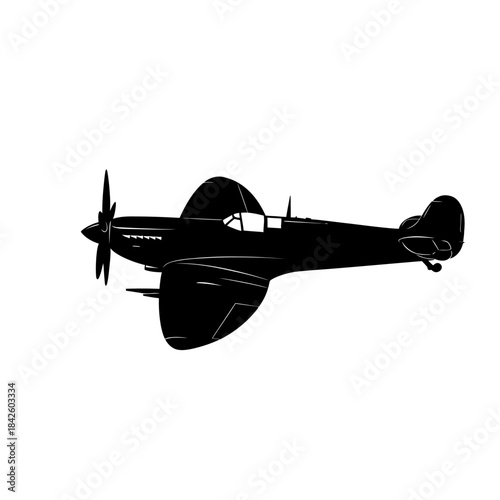 Vintage World War II Fighter Plane Silhouette on White Background.