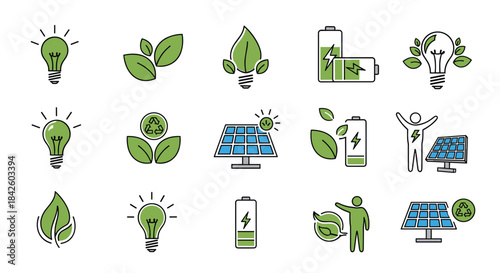 Set of fifteen eco-friendly and green energy icons, including solar panels, recyclable batteries, and lightbulbs with leaves.