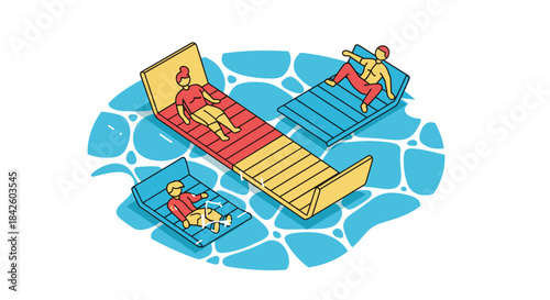 Isometric illustration of three people relaxing on colorful lounge chairs in a swimming pool, enjoying a summer vacation.