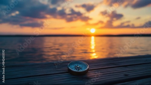 Compass on a wooden dock with a beautiful sunset over the water in the background.