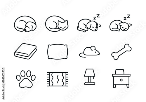 Pet Naptime Icons. Pet Naptime. Line icon set of Pet Naptime: cu