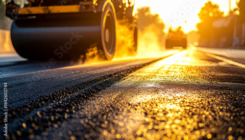 Road Roller in Sunrise: A close-up shot captures the powerful road roller meticulously compacting fresh asphalt, creating a smooth surface under the warm glow of the rising sun.