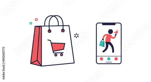 Online shopping and delivery icons, including a shopping bag and a person running with a purchase on a smartphone screen.