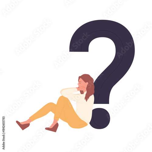 Tiny girl sitting by big question mark, female character thinking about answer vector illustration